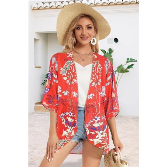 Women's Floral Print Puff Sleeve Kimono Cardigan Loose CoverUp Casual BlouseTops - Picture 5 of 7
